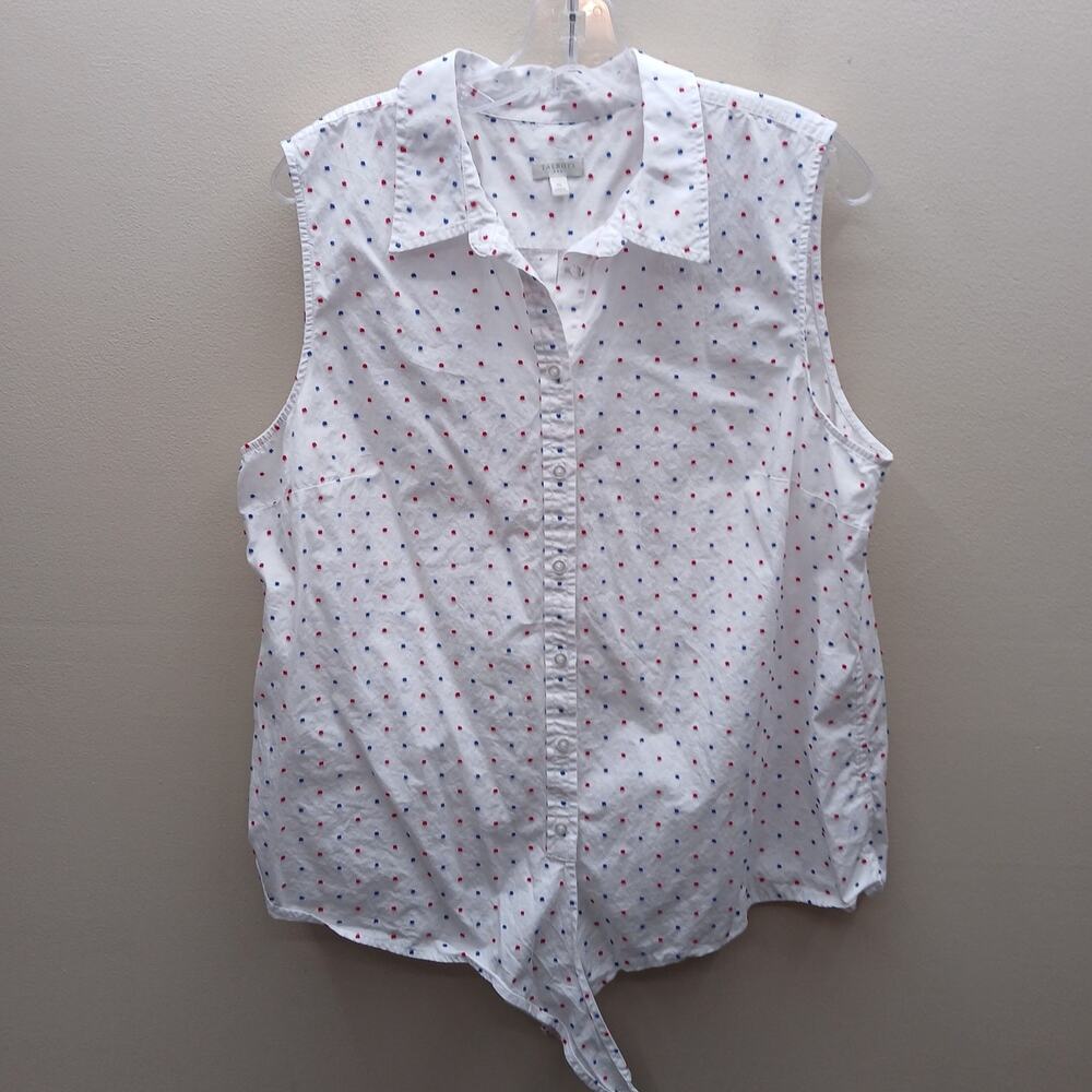 Talbots 100% Cotton Polka Dot Sleeveless Tie Hem Button Up Blouse XL Patriotic